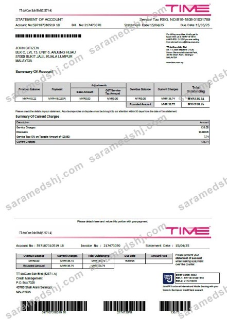 Malaysia Time utility bill template in Word and PDF formats